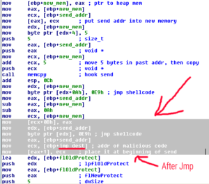 Malicious code address inserted as a jmp